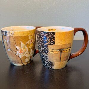Two (2) LANG Golden Dragonfly & Golden Orchid Mug by Susan Winget ~ Vintage